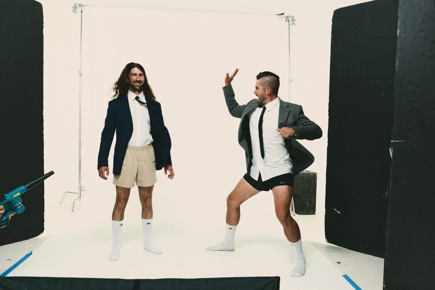 Blazers, shorts, tube socks, a high kick